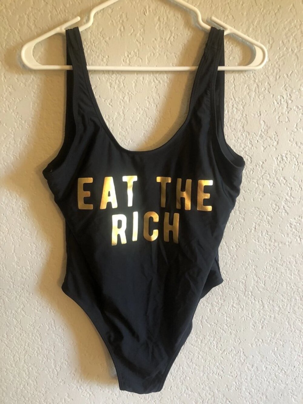Womens Anarchist Bathing Suit One Piece Black & Gold "Eat The Rich" Size XL